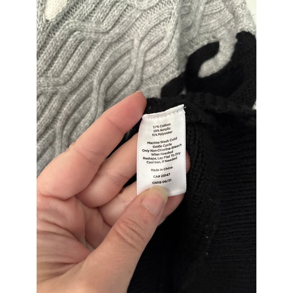 Talbots  Cream Gray Black Cable Knit V- Stripe Cowl Neck Poncho Medium - Picture 5 of 6